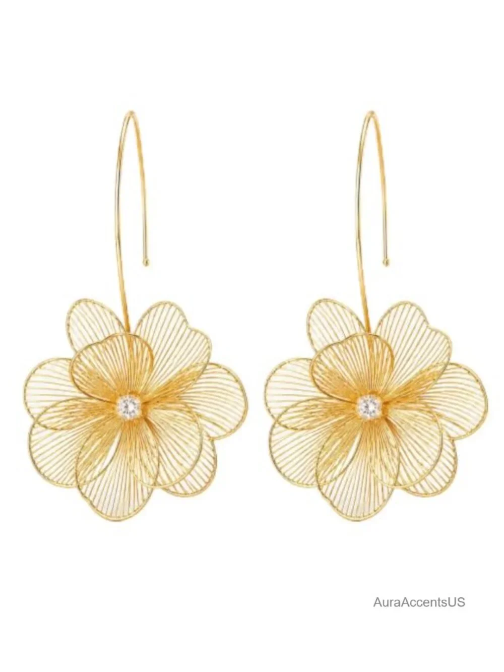 Chunky Flower Dangle Earrings Gold Wire Openwork Statement Jewelry for Women